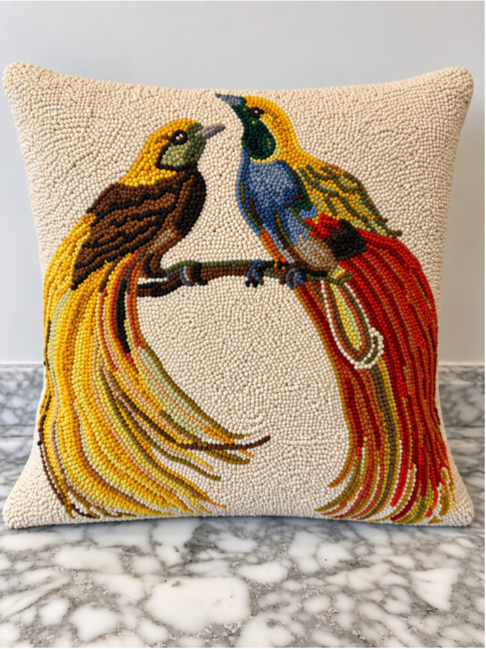 Grandin Road Birds of Paradise Hooked Wool Pillow 17x17 Tropical Bird Decor